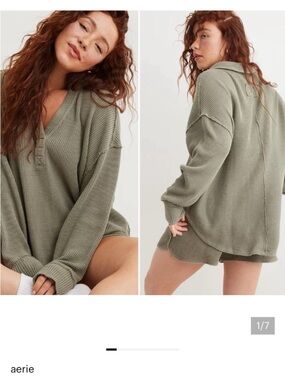 aerie Olive Green Waffle Knit Henley Sweater
